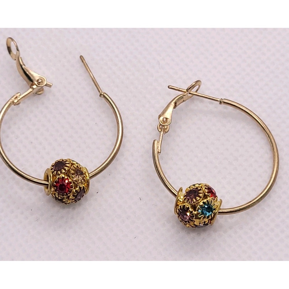 Vintage 1950s 1960s Gold Tone Multicolor Rhinestone Ball Hoop Earrings